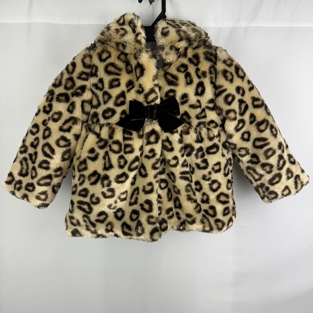 Pistachio Baby Girl Faux Fur Leopard Coat 18M Hooded Jacket with Bow